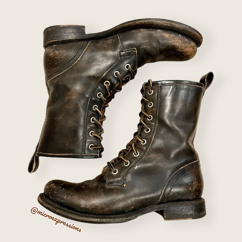 Frye Veronica Combat Distress Black Brown Tumbled Leather Laced Combat AnkleBoot - Picture 8 of 14